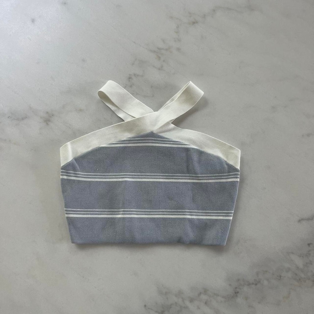 Babaton Aritzia Blue White Striped Knit Crossover Halter Crop Top XL